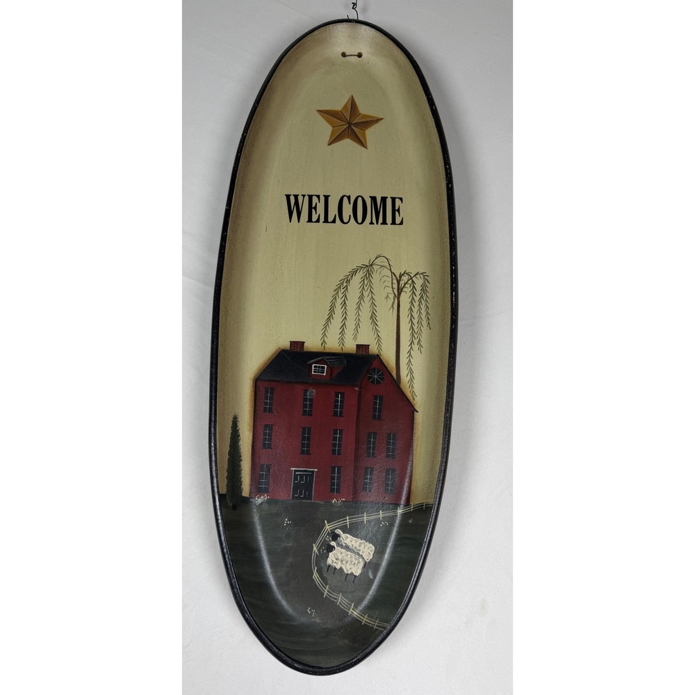 Primitive Folk Art Wooden Welcome Sign Tray Red House Sheep Willow Tree‎ 20 Inch